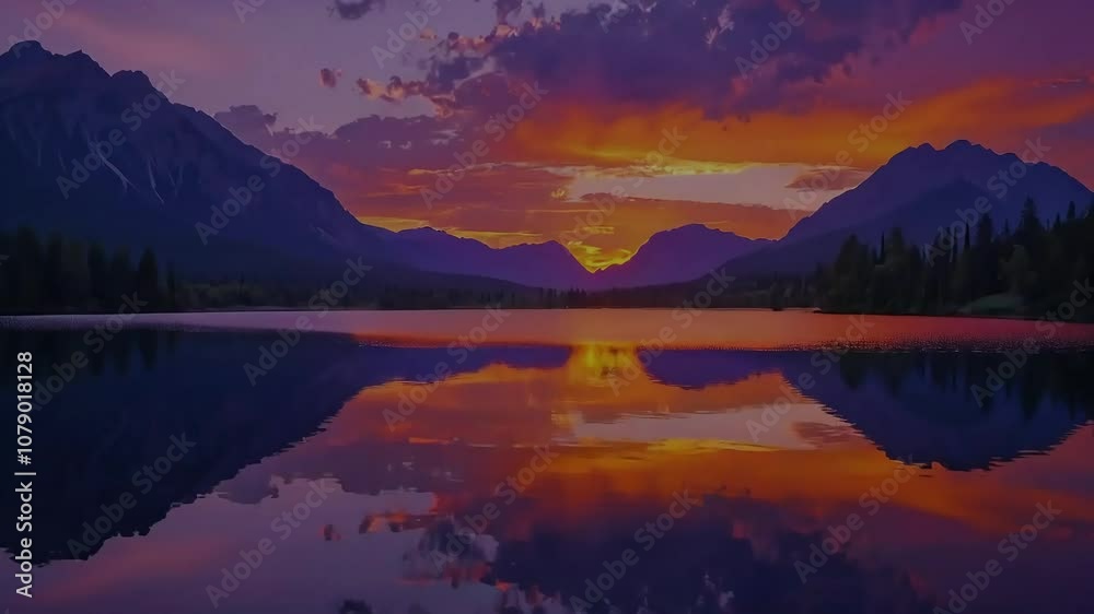 A serene mountain lake reflects the vibrant sunset hues. A serene mountain lake reflects the vibrant sunset hues.