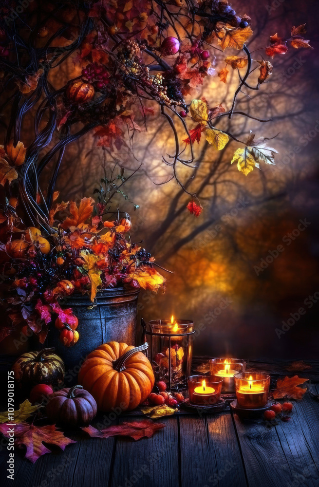 Obraz premium This enchanting autumn scene features vibrant leaves, pumpkins, and warm candles, capturing the essence of a cozy fall evening, perfect for celebrating the beauty of the harvest season.