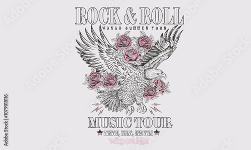 Rose with eagle artwork. Rock star design. Eagle fly vector artwork for t shirt and others. Rock and roll graphic print design for apparel, stickers, posters and background.