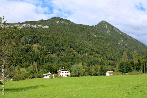 Vallata con prato di erba tre case boschi montagne e cielo con nuvole in Val di Sella photo