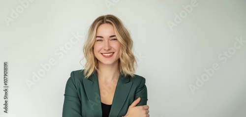 Pretty blonde businesswoman in a suit against a white studio background