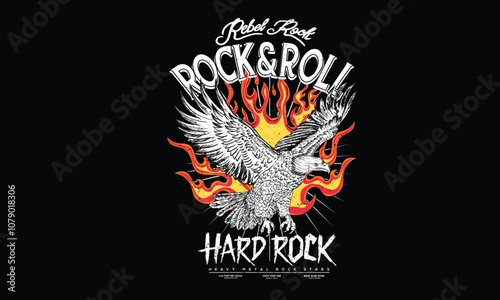 Fire with eagle artwork. Rock star design. Eagle fly vector artwork for t shirt and others. Rock and roll graphic print design for apparel, stickers, posters and background.