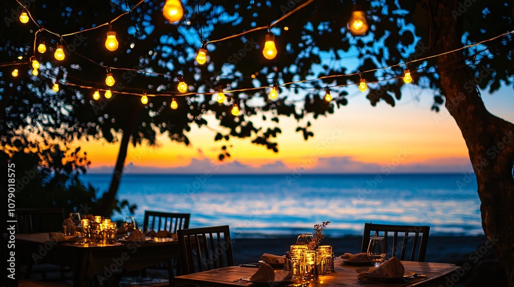 Fototapeta premium A cozy outdoor dining scene at sunset, featuring beautifully arranged tables with ambient lighting, surrounded by lush trees and serene ocean views.