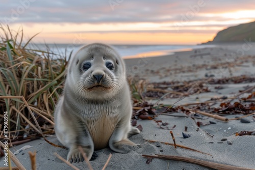 A curious seal pup rests on a sandy beach at sunset, surrounded by grass and gentle ocean waves in the background photo