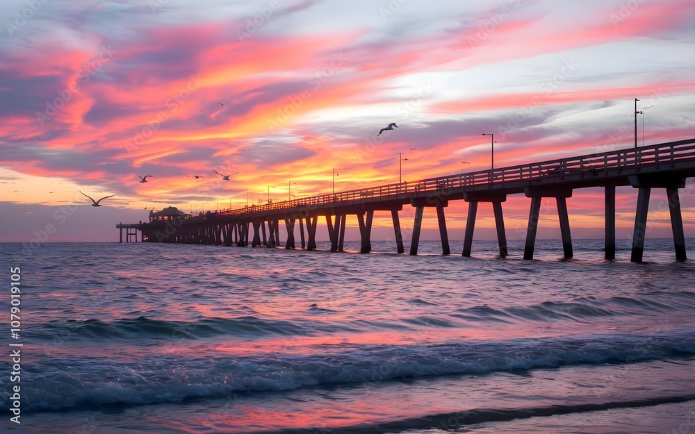 Fototapeta premium Sunset with Pier Silhouette Over Calm Water, Vibrant Sky, and Gentle Waves
