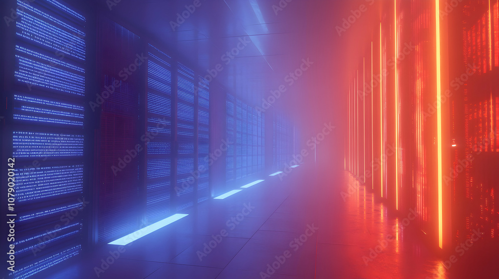 Server racks with glowing blue and orange lights in a data center Server racks with glowing blue and orange lights in a data center