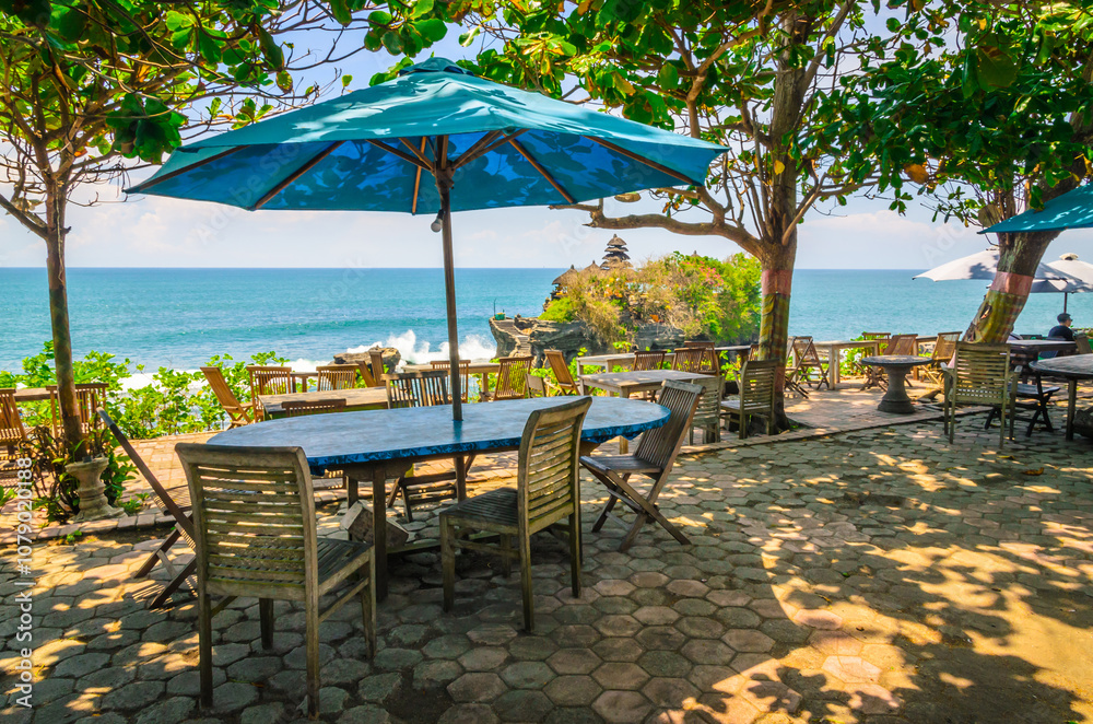 Traditional Bali cafe with decorated umbrellas, Indonesia