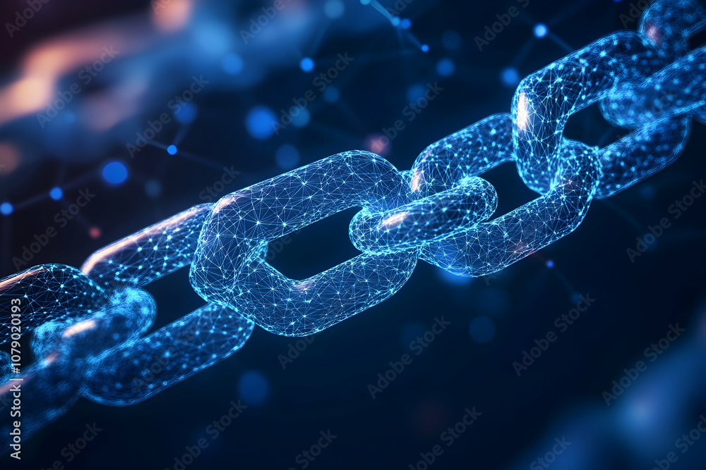 Digital network chain with glowing interconnected nodes on a deep blue background Digital network chain with glowing interconnected nodes on a deep blue background