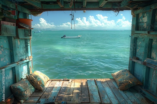 View from a rustic coastal shack overlooking tranquil turquoise waters and boats near a sunny horizon