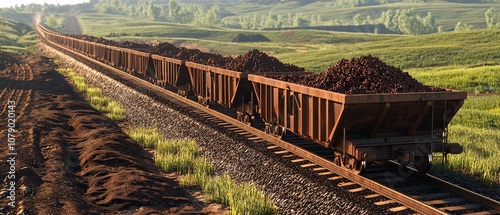 A train loaded with cargo travels along a scenic railway, showcasing the importance of transportation in industrial processes and economic development.