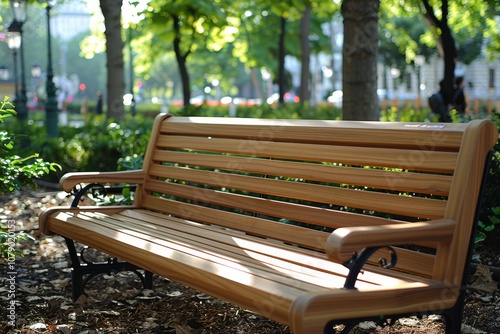 Fototapeta Naklejka Na Ścianę i Meble -  A wooden bench in a sunlit park surrounded by trees on a calm afternoon in the city