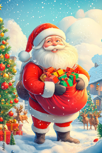Santa Claus with a bag of gifts.