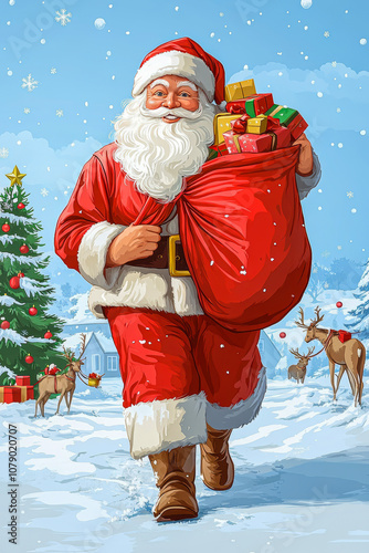 Santa Claus with a bag of gifts.