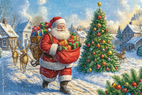 Santa Claus with a bag of gifts.