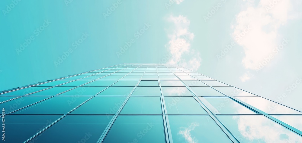 Obraz premium A modern skyscraper reflecting the sky, captured from a low angle to emphasize its height and sleek glass facade