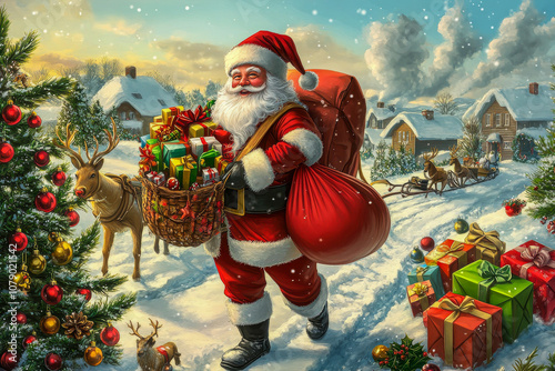 Santa Claus with a bag of gifts.