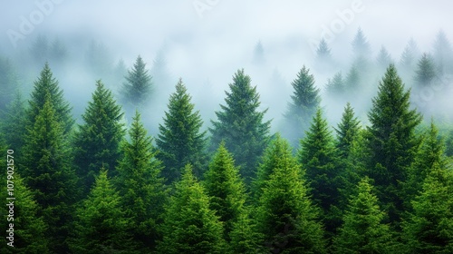 Misty forest with tall evergreen trees.