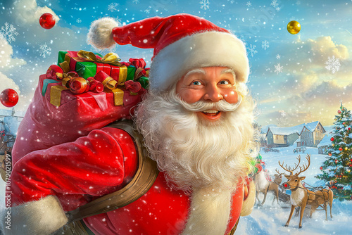 Santa Claus with a bag of gifts.