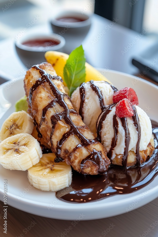 Decadent Banana Tempura with Chocolate Sauce and Vanilla Bean Ice Cream Delight Decadent Banana Tempura with Chocolate Sauce and Vanilla Bean Ice Cream Delight