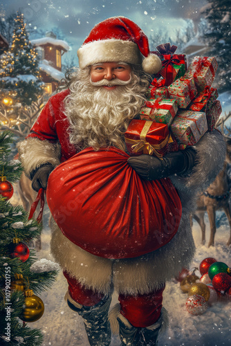 Santa Claus with a bag of gifts.