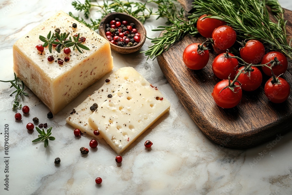 Fresh cheese with herbs and tomatoes arranged on a marble surface in a rustic kitchen setting Fresh cheese with herbs and tomatoes arranged on a marble surface in a rustic kitchen setting