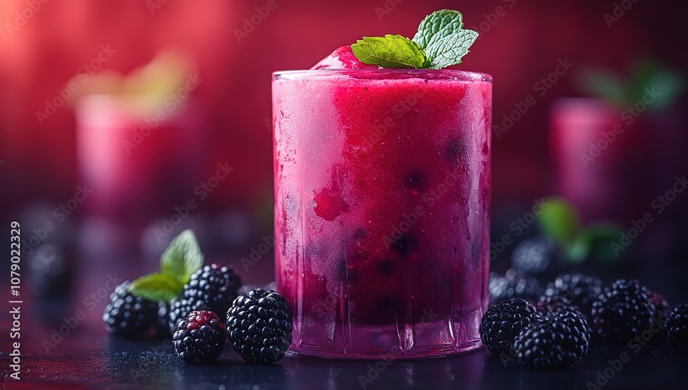 A glass of blackberry juice with a sprig of mint on top