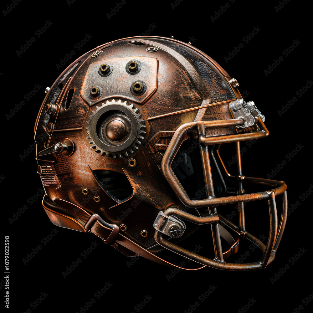 Fototapeta premium Steampunk American football helmet with brass elements and intricate design. This unique helmet combines vintage aesthetics with modern sports gear, showcasing creativity and craftsmanship