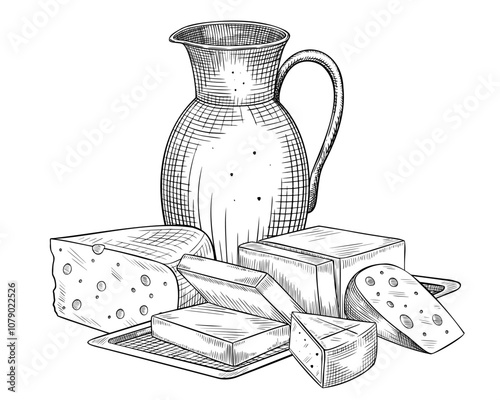 Pitcher with milk and Cheese slices vector illustration. Outline drawing of dairy products painted by black inks for cookery book or menu. Linear sketch of food and drinks with jug and farm products.
