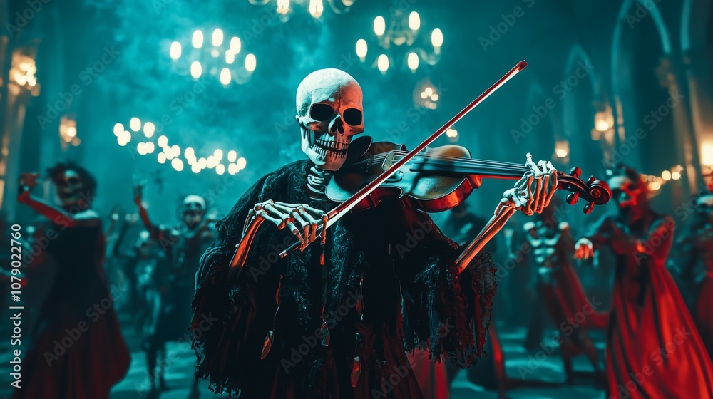 Naklejka premium Amidst swirling shadows ghost like skeleton plays haunting melody violin captivating audience dancing demons chilling Halloween gathering.
