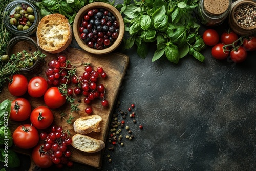 Fresh vegetables and herbs arranged on a wooden cutting board in a kitchen setting