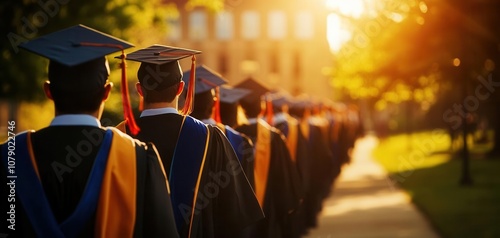 Graduates in caps and gowns walking in a ceremonial procession