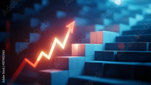 Rise up glowing arrow, representing a volatily on white blocks business chart steps on dark blue background. Business growth graph process, goal, success and economic improvement and analysis concepts photo