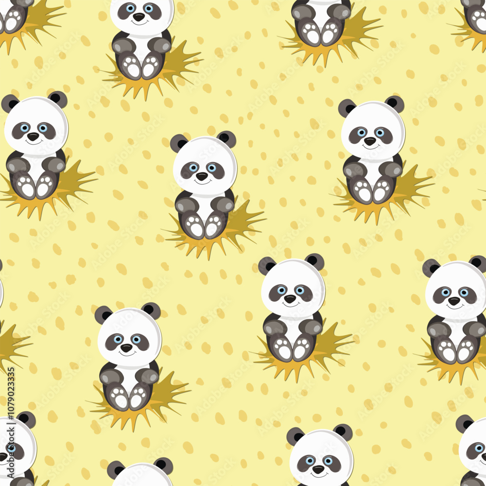 Obraz premium Seamless pattern with cute panda baby on color background. Funny asian animals. Card, postcards for kids. Flat vector illustration for fabric, textile, wallpaper, poster, gift wrapping paper