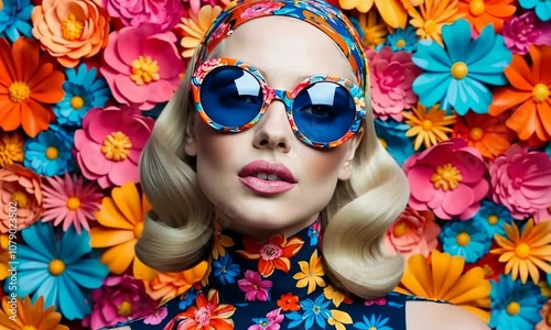 Wallpaper Mural Colorful floral fashion portrait featuring a model in stylish sunglasses against a vibrant flower wall Torontodigital.ca