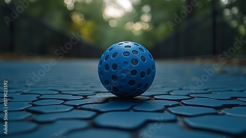 blue ball with holes rests on textured blue surface, surrounded by greenery. This vibrant scene captures essence of outdoor play and sports