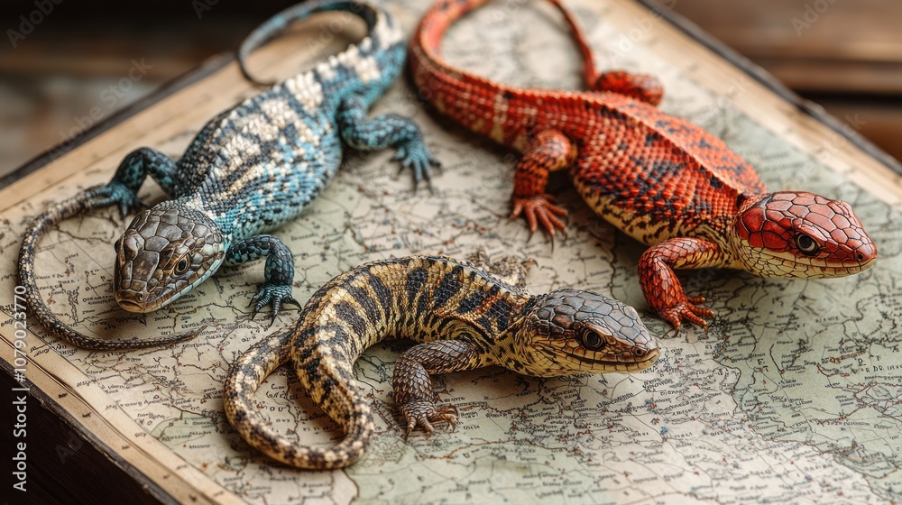 Naklejka premium Three colorful lizards resting on an old map.