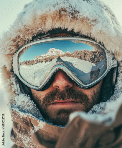 a man wearing ski goggles that display mountains.