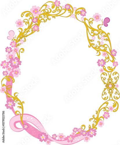 Vector romantic frame with golden vintage ornament, pink flowers, butterflies, pearl beads, and shiny pink ribbons.