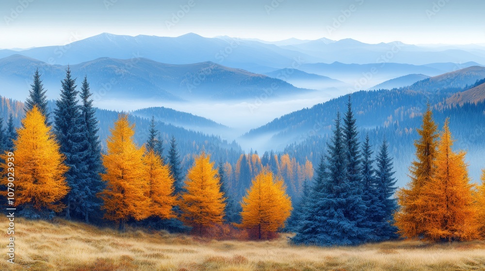 Misty mountain landscape with golden and green trees. Misty mountain landscape with golden and green trees.