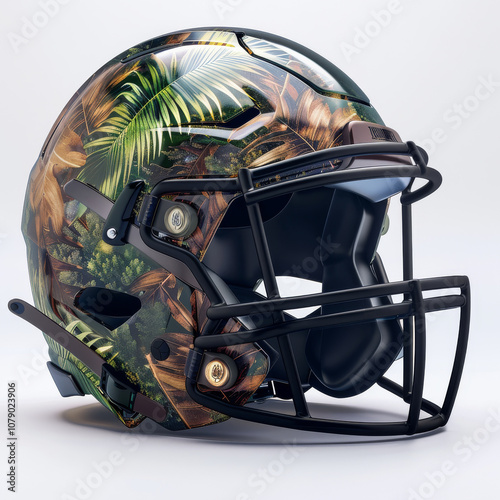 American football helmet with forest camouflage design featuring vibrant foliage and tropical elements, perfect for sports enthusiasts photo