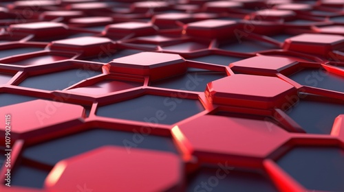 Intricate red hexagonal shapes interlocking with precise symmetry, casting delicate shadows that give a sense of realism and dimension in an elegant and balanced design.