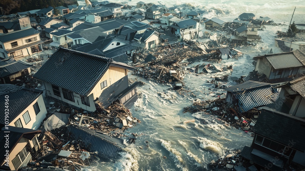 巨大地震で押し寄せる津波 巨大地震で押し寄せる津波