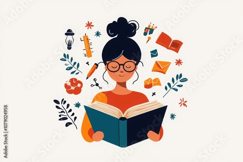 Young learner engages with a book surrounded by creative learning tools and inspiring elements for educational growth