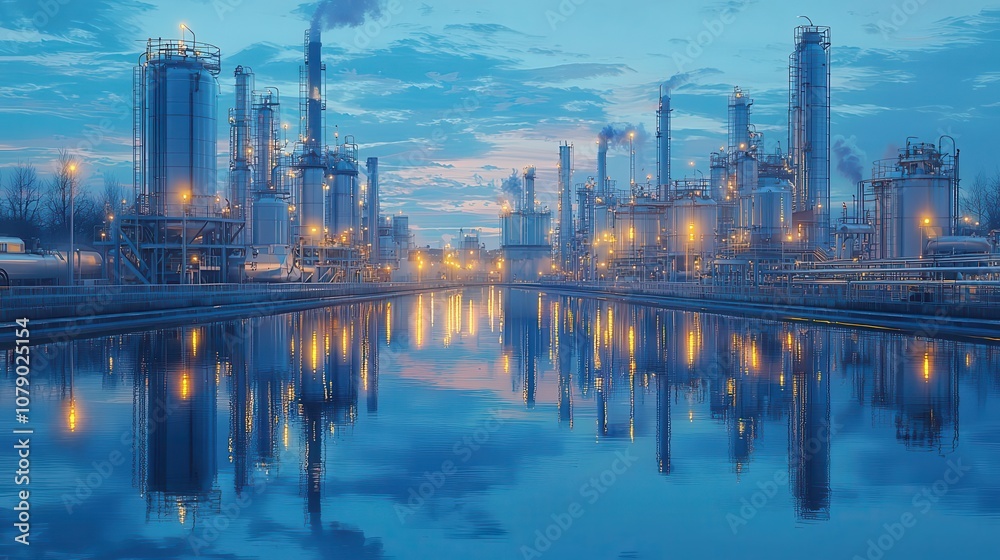 Naklejka premium A modern industrial complex reflecting on water during twilight, showcasing technology and manufacturing.