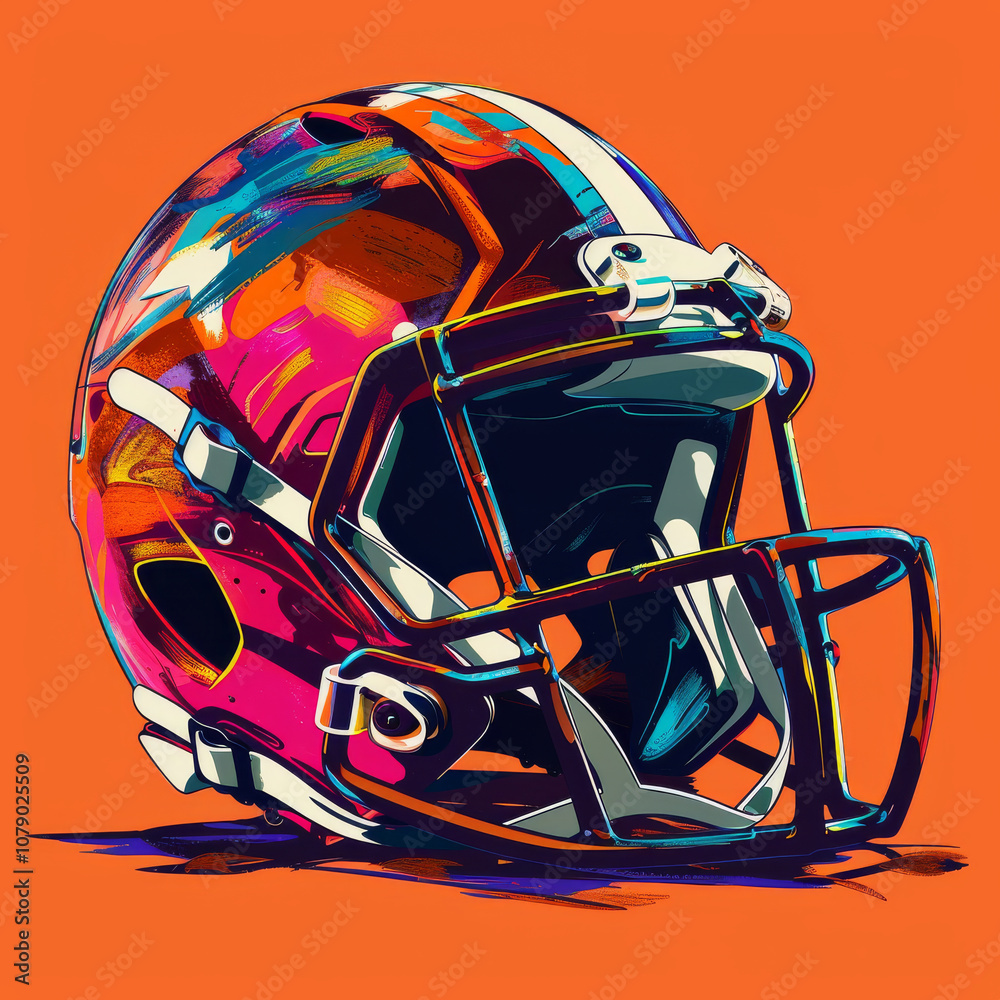 Vibrant American football helmet with abstract colorful shapes on orange background, showcasing unique design and artistic flair Vibrant American football helmet with abstract colorful shapes on orange background, showcasing unique design and artistic flair