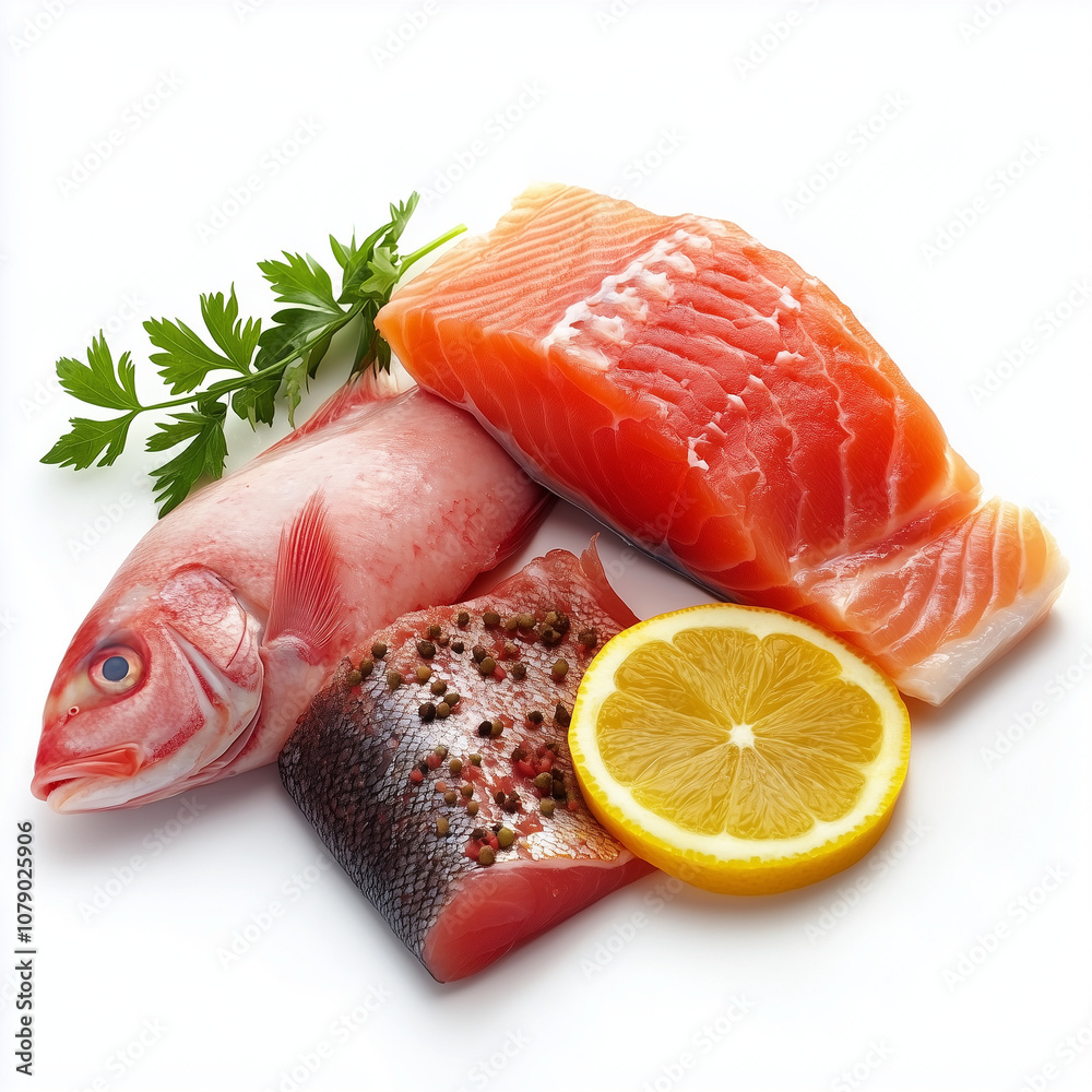 Assorted Fish Fillets on White Background Assorted Fish Fillets on White Background