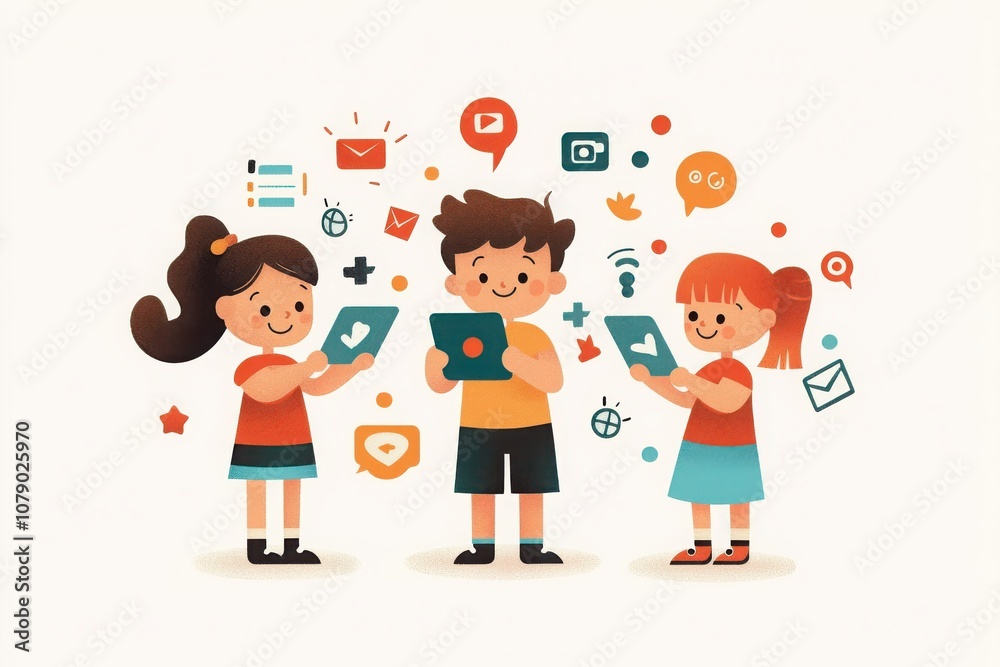 Kids engage with technology in a colorful cartoon illustration showcasing the joy of learning and creativity together Kids engage with technology in a colorful cartoon illustration showcasing the joy of learning and creativity together