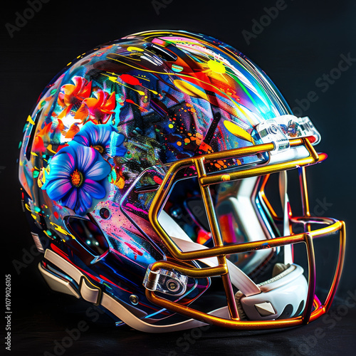 vibrant American football helmet featuring modern art influences, adorned with colorful floral designs and abstract patterns, showcasing creativity and style photo