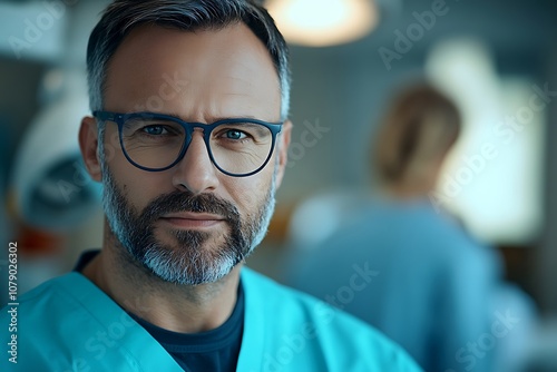 Serious Doctor in Glasses Looking at Camera in Hospital