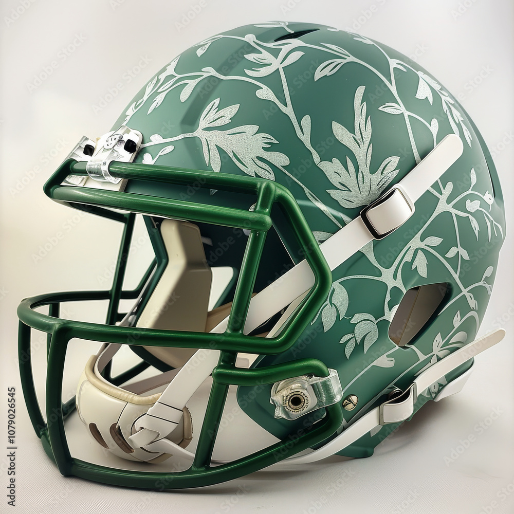 Fototapeta premium Delicate vine patterns adorn this green American football helmet, showcasing unique design that blends nature with sports. Perfect for collectors and enthusiasts alike